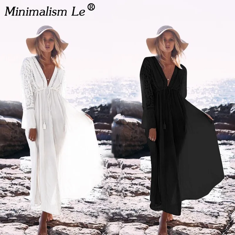 

Hollow Lace Up Bikini Cover Up Women Solid Bandage Beachwear Beach Dress Sexy V Swimsuit Summer Long Sleeve Tunic Robe Sarong