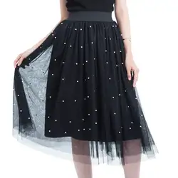 Новый Puff Для женщин юбка из прозрачной ткани модные Винтажное с отделкой бусинами плиссированные элегантные женские юбки миди юбка