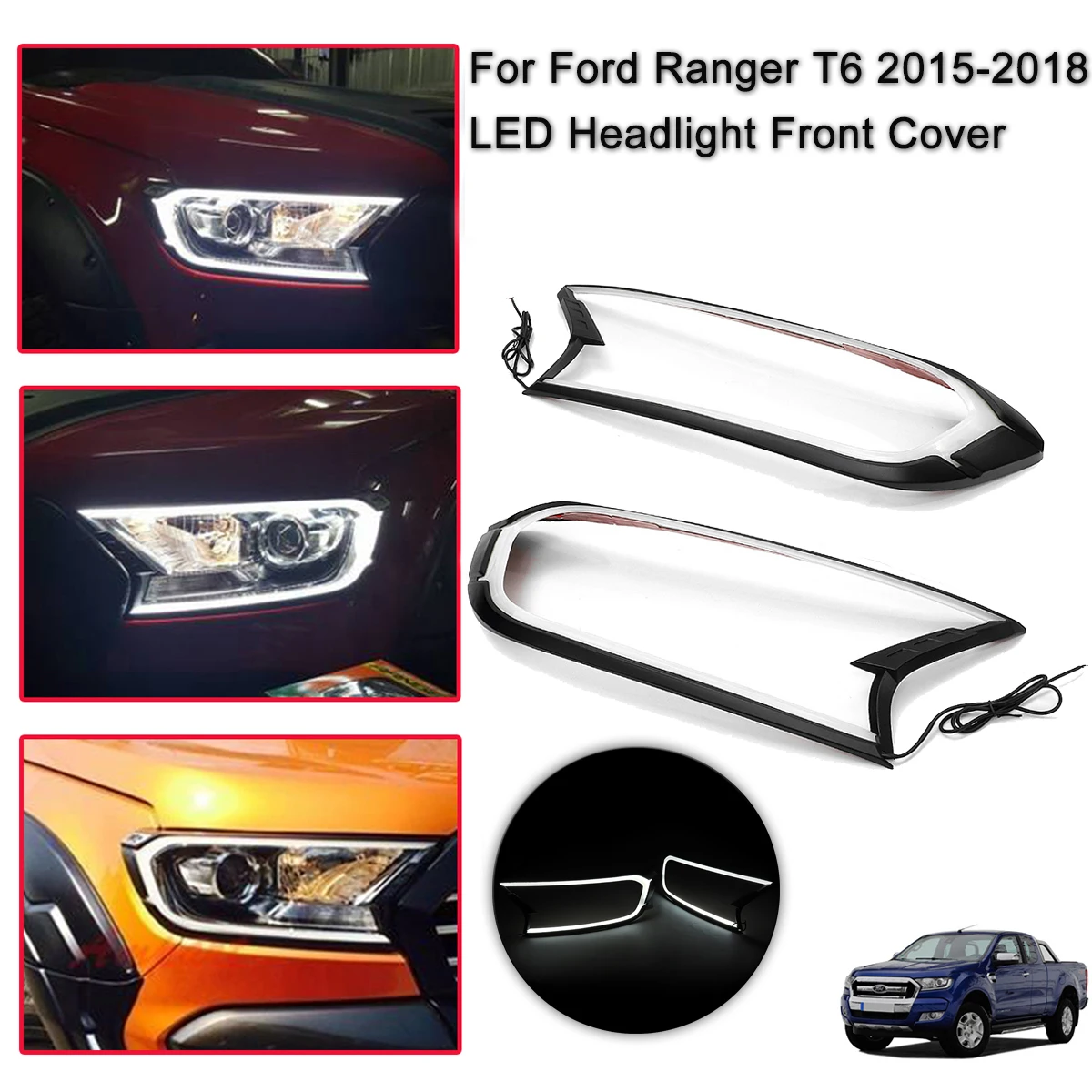 

2pcs Matte Black LED Head Light Front Shell Cover Trim For FORD RANGER T6 WILDTRAK 15-17 ABS Lamp Hoods