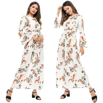 

Floral Print Kaftan Women Muslim Long Sleeve Maxi Dress Cocktail Party Abaya Robe Gown Bell Sleeve Spring Arab Dress Islamic New