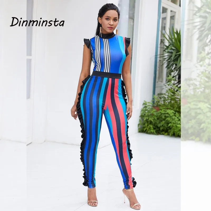 

Dinminsta Women Vertical Striped Rompers Sleeveless Ruffles Patchwork Skinny Full Length Wide Legs Vintage Jumpsuit 2019 Spring