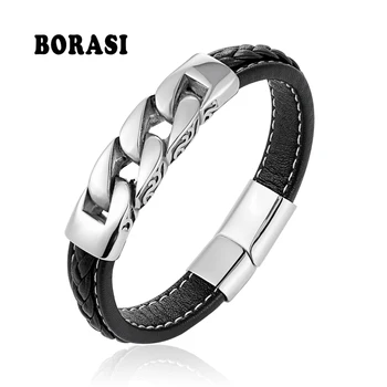 BOBASI Genuine Leather Titanium Steel Men’s Bracelets & Bangles Handmade Wristband Pulseras Charm Bracelets Gift For Cool Boys