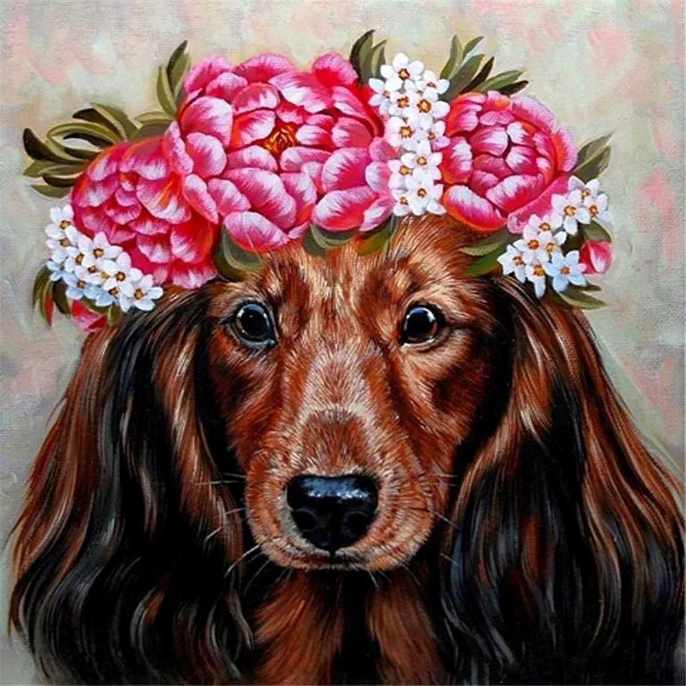 

HUACAN Diamond Painting Dog Full Square Diamond Embroidery Animal Painting With Diamond Flower Mosaic Picture Of Rhinestone