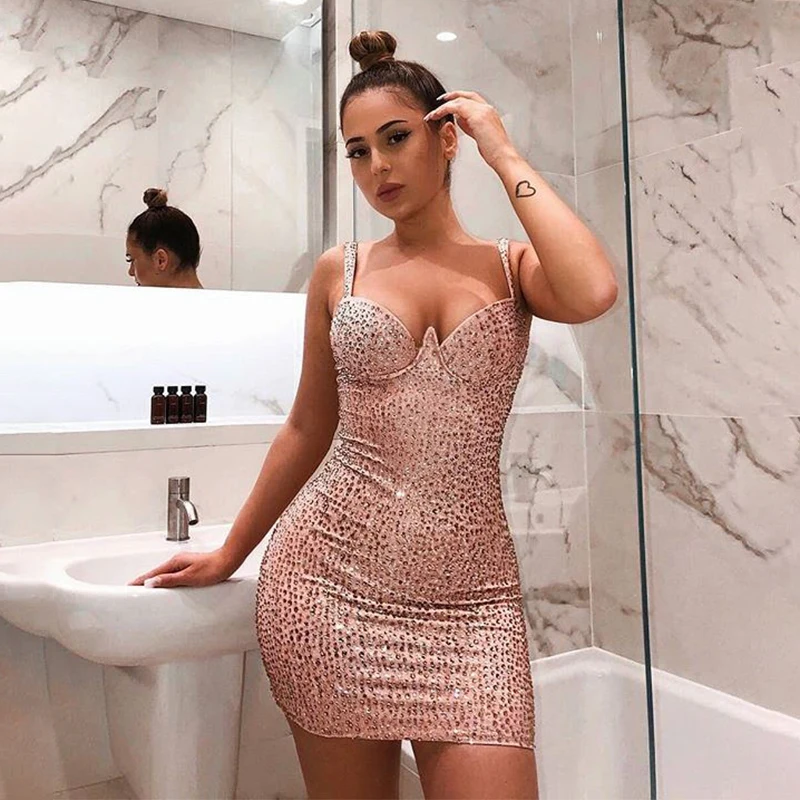 Sexy Party Reflective Dress Women Mini Strapless Backless Summer Dress Elegant Crystal Diamond Bodycon Dresses Vestidos