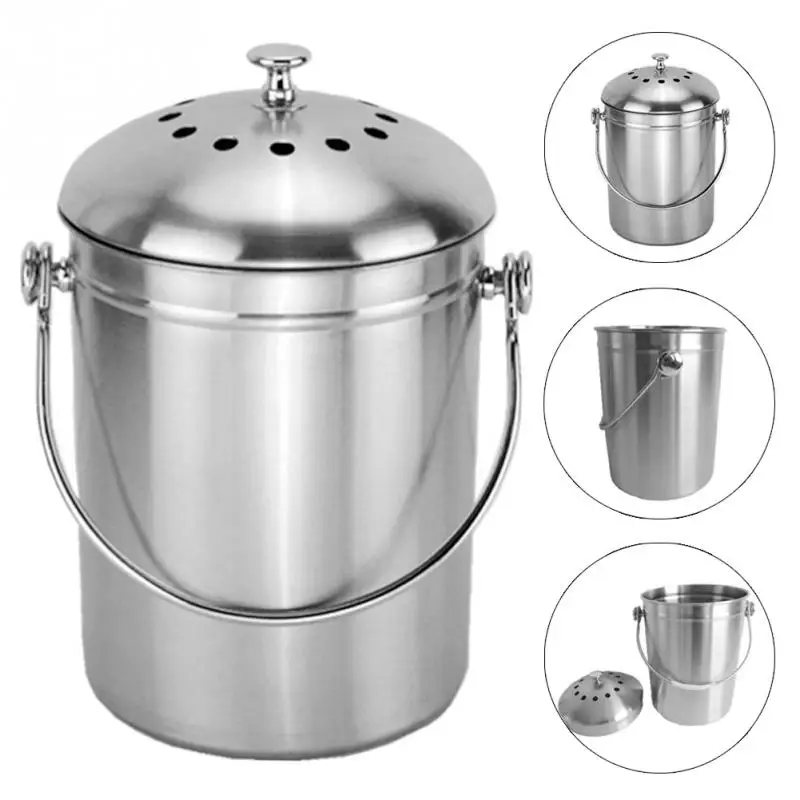 

1pc Recycling Container Lid Bucket Hotel Stainless Steel Compost Trash Can Durable Home Bin Ashbin Pericarp Holder 28*18 cm