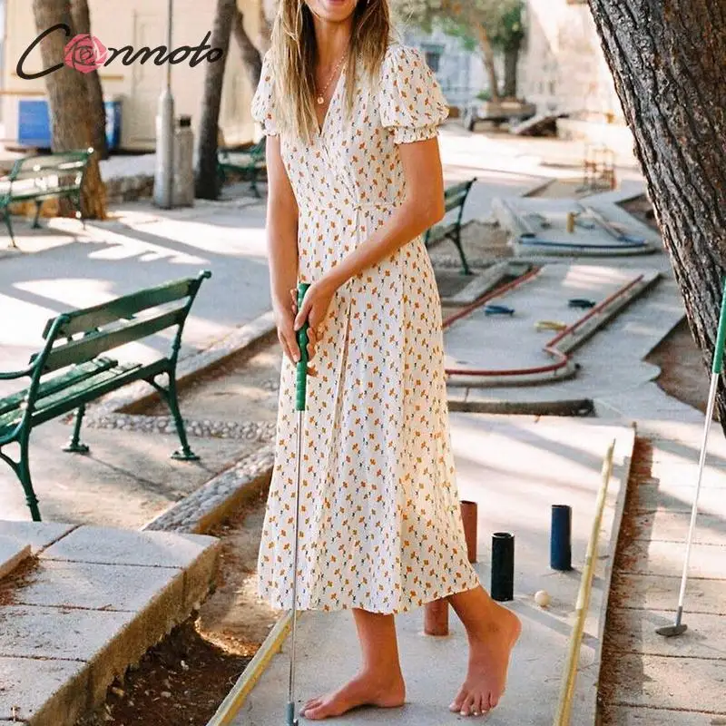 

Conmoto Women 2019 Summer Sexy V Neck Sashes Long Dress Casual Floral Print Wrap High Waist Dress Girl Vintage Holiday Vestidos