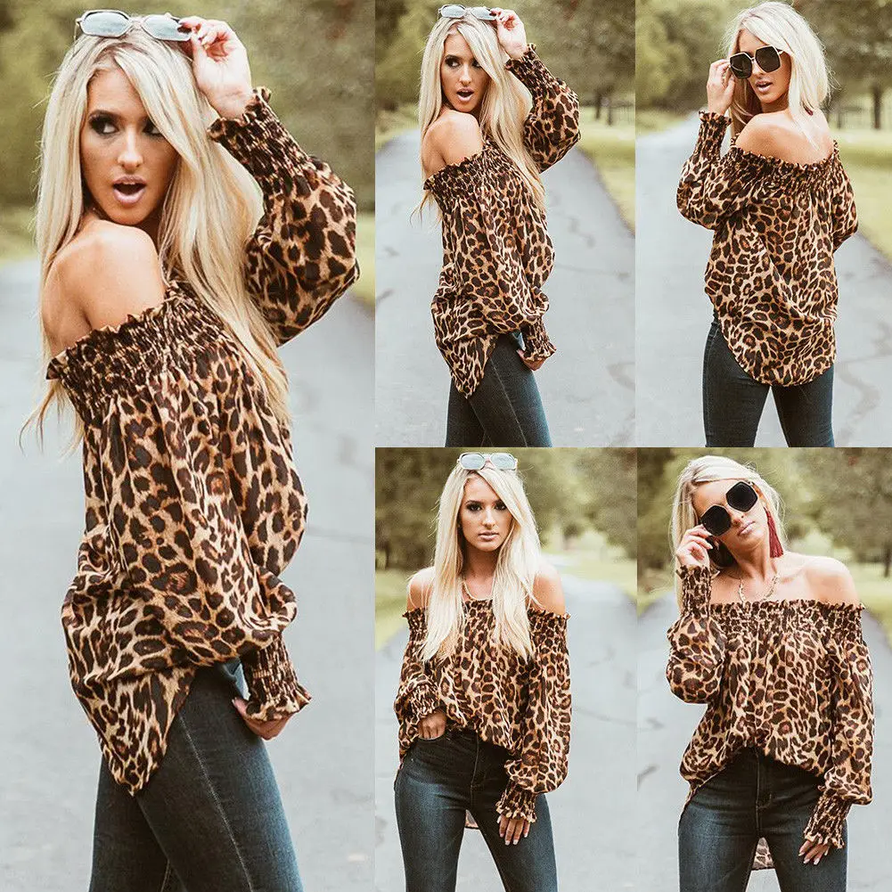 

New Fashion Off Shoulder Leopard Shirt Womens Loose Long Sleeve Casual Blouses Shirt Tops Fashion Clothes