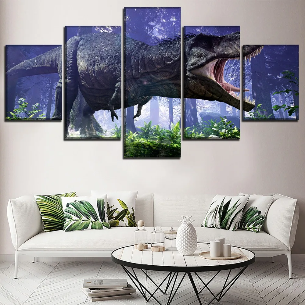 

High Quality Canvas Printed Big Dinosaur Paintings 5 Pieces Modular Picture Wall Art Decorative Living Room Or Bedroom Framework