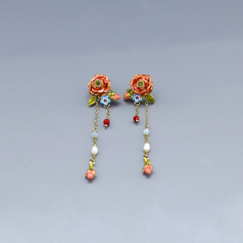 

Rose Tassels Earrings Enamel Glaze Green Leaf 925 Silver Needle Earring Product