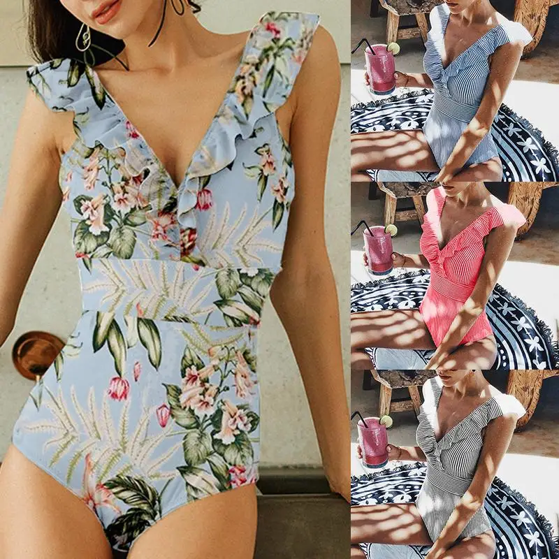 

Turmeric Floral print bikini 2019 new Sexy v-neck striped swimwear women bathing suit Monokini ruffles swimsuit one piece summer