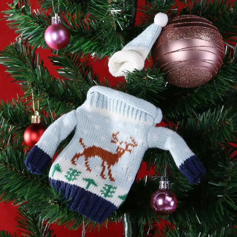 Рождественский вязаный свитер, крышка для бутылки вина, набор, свитер на бутылку с шапкой, подвеска на елку, украшение, милый подарок для детей