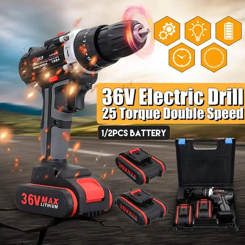 

36V Electric Cordless Drill Double-Speed Adjustment LED Worklight Electric Drill Set Wood Drilling Tools