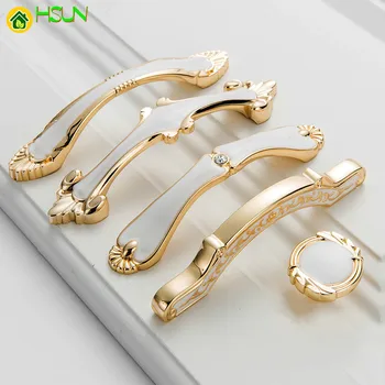 

2 pcs Furniture Knobs White and Gold Cabinet kitchen Handles Elegant Wardrobe Handles Drawer Pulls European manillas