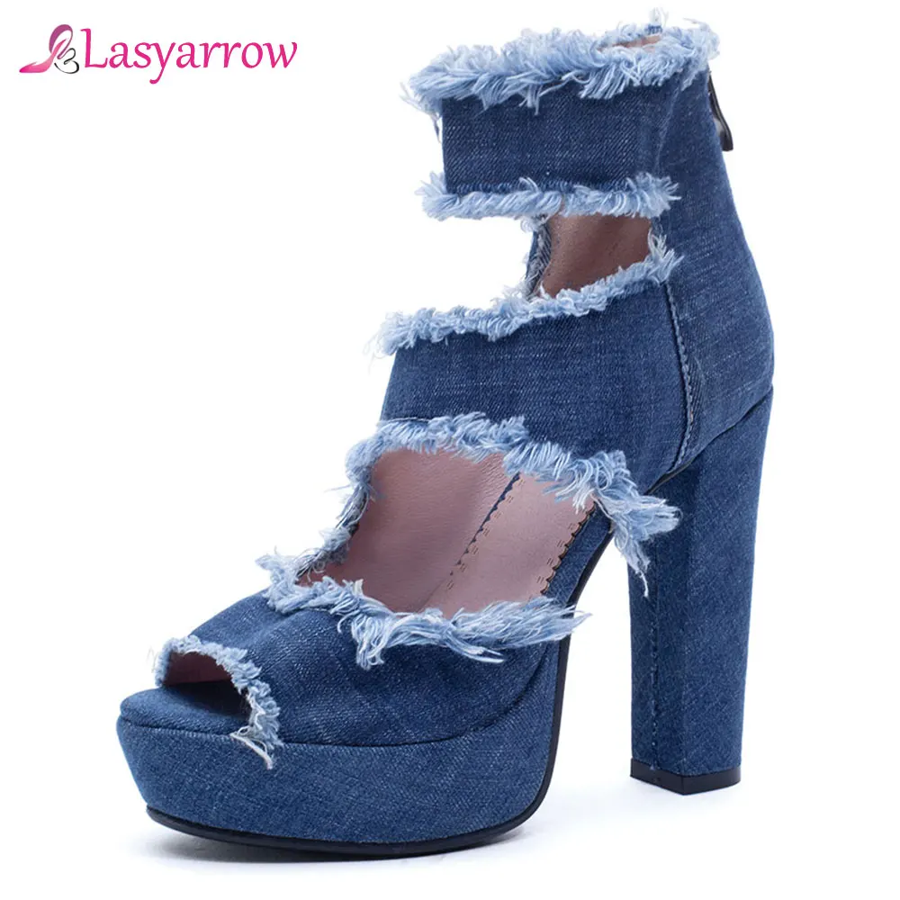 

Lasyarrow 2019 Women Sandals Square Super High Heel Back Zipper Sexy Peep Toe Denim High-side Hollow Boots Size 33-43 J757