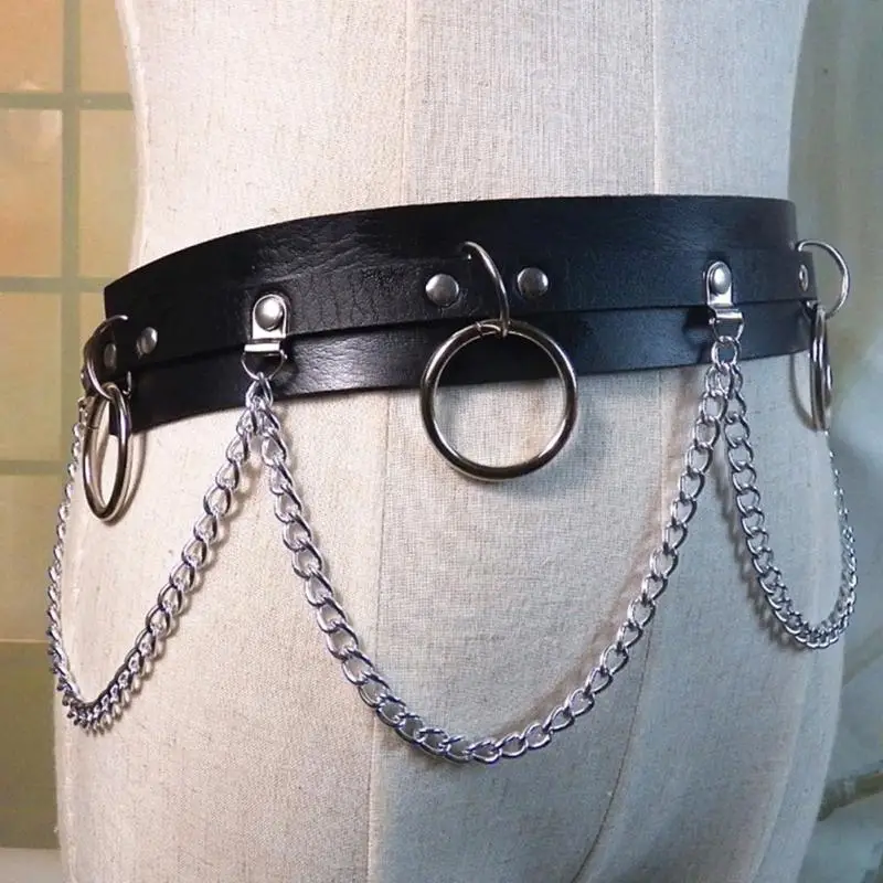 

Faux Leather Belt Metal Chain Ring Punk All Match Waist Strap Personalized Dress jeans Decor Accessory