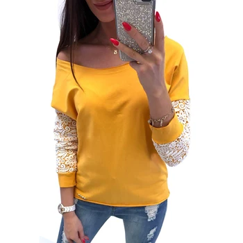 

Fashion Women Off Shoulder Lace Long Sleeve Bright Yellow Black Khaki Trendy T Shirt Tops T-Shirt Loose Amazing Charming Dress