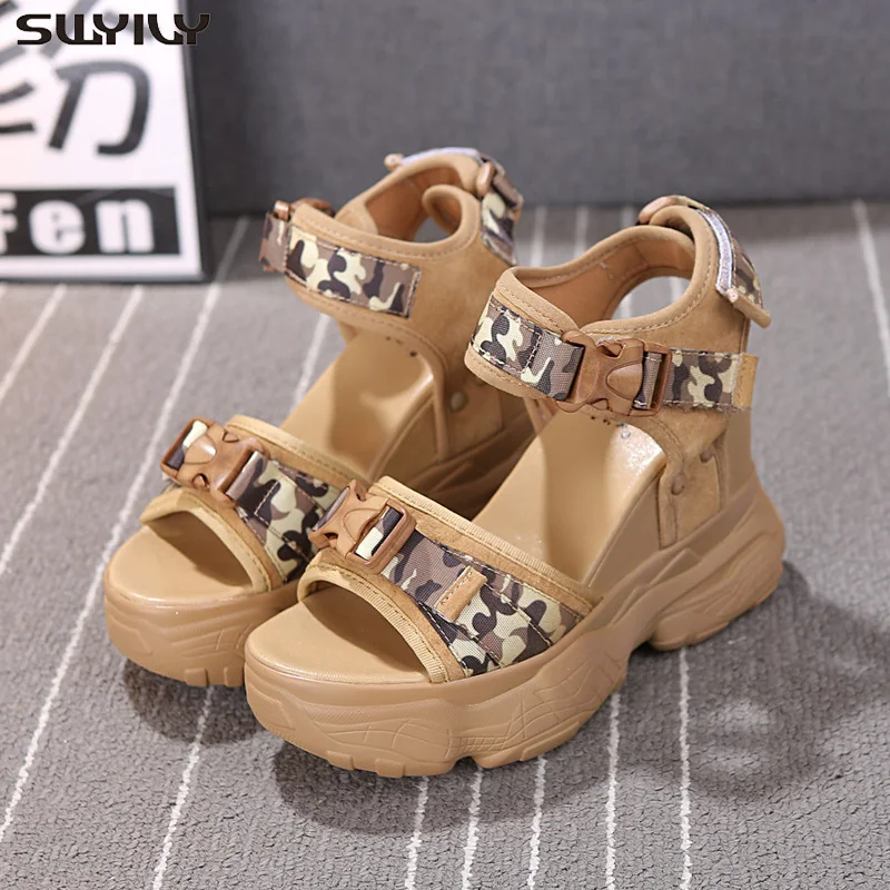 SWYIVY Chunky Sandals Shoes Summer Woman Genuine Leather Sandals Platform 2019 Sexy Leopard Fashion Shoes Sandal Black For Lady