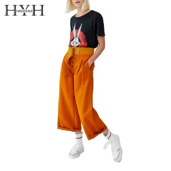 

HYH HAOYIHUI 2019 Euro-American Street Pure Leisure Broad-legged Button Decorative Pleats Loose Nine-minute Pants