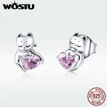 WOSTU,, 925, серебряные очаровательные серьги-гвоздики в виде кота, розового сердца для женщин, девушек, юбилей, роскошный бренд, ювелирное изделие, подарок, DXE453