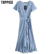 Женское богемное Макси-платье с цветочным принтом, летнее платье для отпуска, сексуальное платье с v-образным вырезом и оборками, сарафан с асимметричным подолом