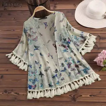 Kimono ZANZEA Women Tops and Blouses Floral Print Shirt 2020 Summer Fringe Kimono Blusas Ladies Casual Beach Bikini Cover-up flower print fringe hem kimono