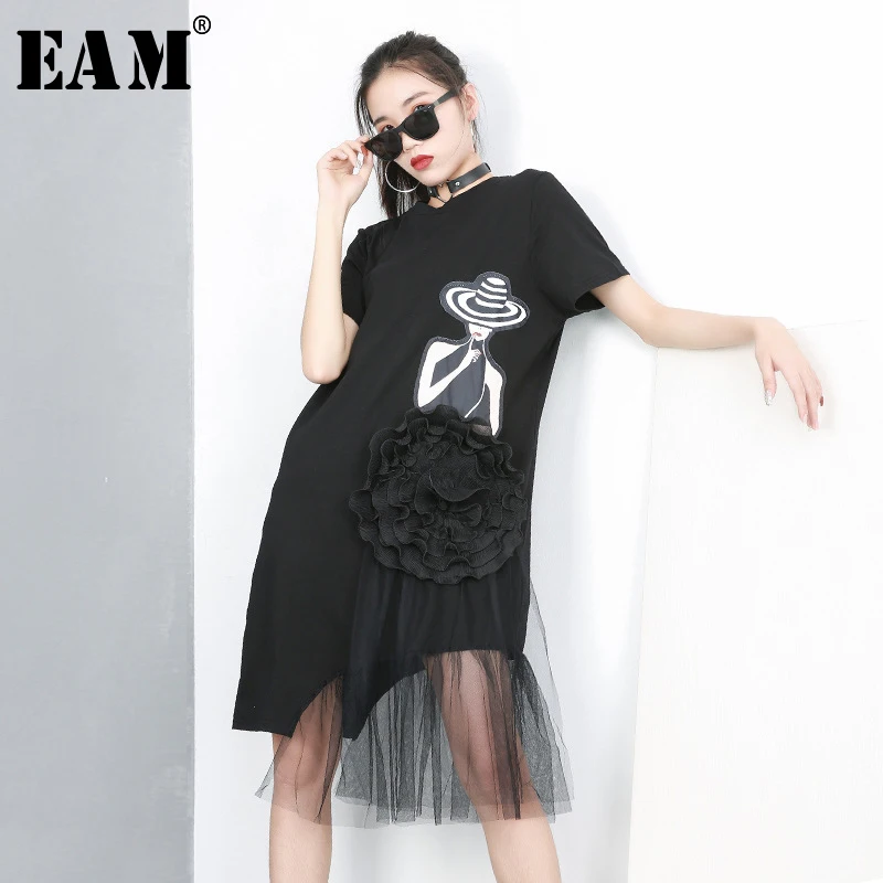 

[EAM] 2019 New Spring Summer Round Neck Short Sleeve Black Pattern Printed Mesh Stitch Loose Dress Women Fashion Tide JQ621