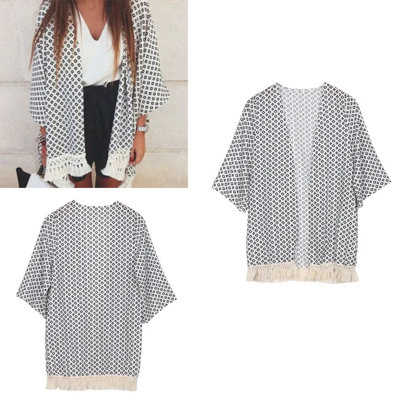 2019 New Women Flare sleeve long Blouse Geometry Printed Summer Chiffon tassel Top loose casual Shawl Kimono Cardigan