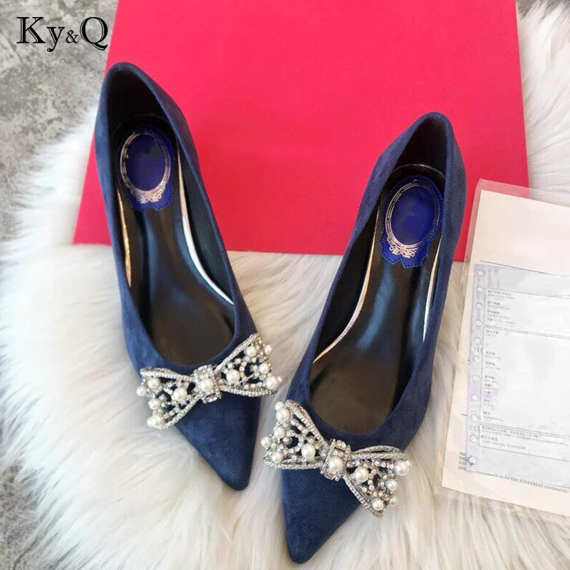 

Fashion New Spring Solid Color Thin Heel Lady Pumps Sexy Rhinestone Bow Shining Shoes Elegant Pointed Toe Woman Party High Heels