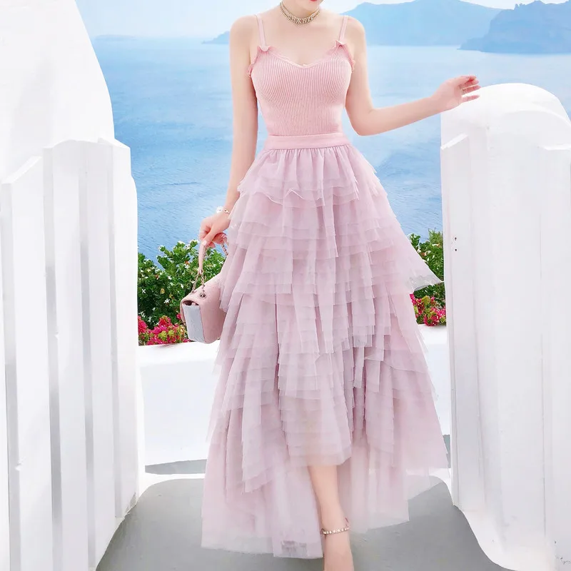 

2019 Summer Pink 2 Piecs Set Women Knitted Tank Tops Stretchable Sexy Strappy+tulle Mesh Tiered Ruffle Long Maxi Layered Skirts