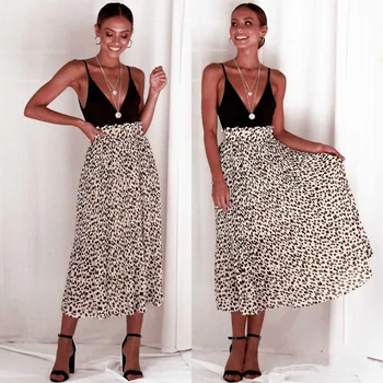 

Women Summer 2019 Leopard Printed Chiffon Skirts High Waist Pleated Beach Boho Stylish Midi Skirt