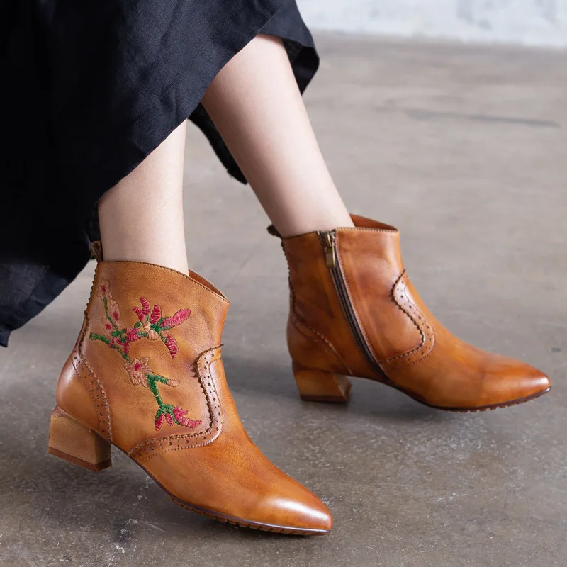 

Embroidery Genuine Leather Short 2018 Autumn Cowhide Woman Women Winter Boots