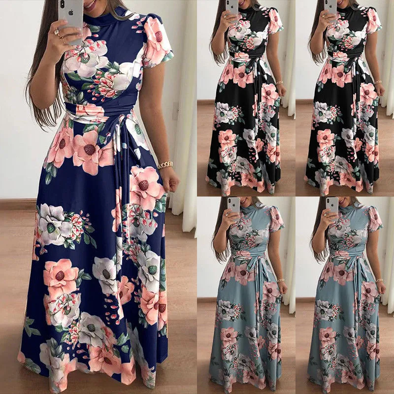 

Summer Maxi Dress 2019 Summer Bohemian Floral Print Long Dress Casual Short Sleeve Long Bandage Elegant Dresses Vestido S-5XL