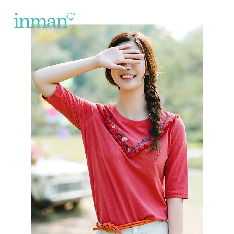 

INMAN 2019 Spring New Arrival Literary Embroidery Pastoral Holiday Style Casual Slim Half Sleeves Women T-Shirt