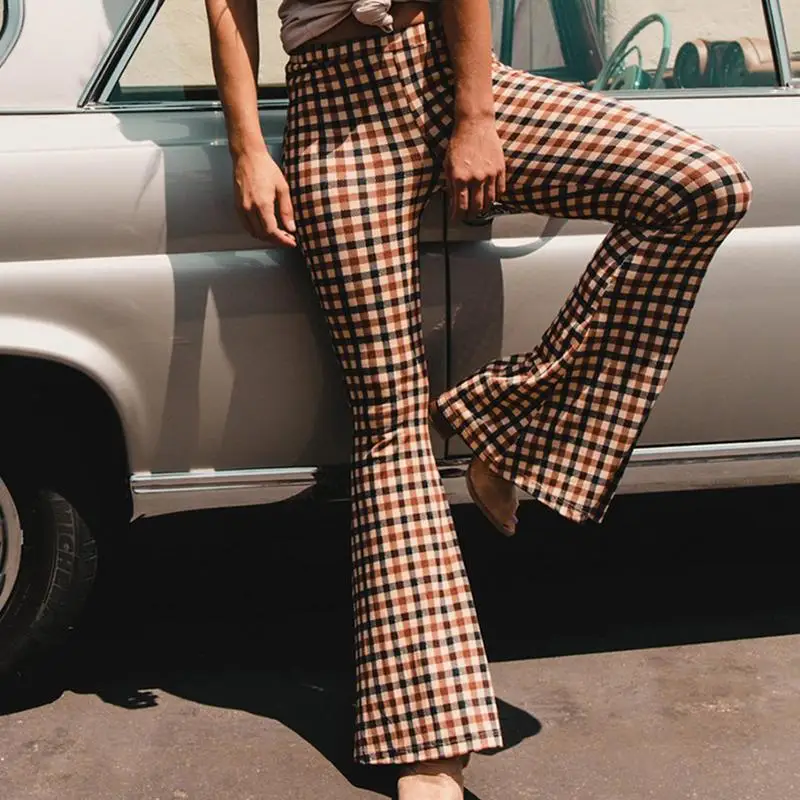 

New Women's 2019 Autumn Winter Women Sexy Bell Bottom Plaid Trousers High Waist Wide Leg Pants Bell Pants Trousers