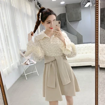 

2019 spring new women's clothing Korean fashion splicing holiday faux two pcs dress long sleeve dresses lady vestido casual