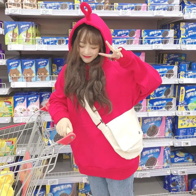 MISSKY Women Sweatshirt Solid Color Cute Teletubby Design Sweatshirt Hoodies Loose Pullover Casual