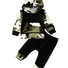 Модные Повседневные камуфляжные Топы с капюшоном и длинными рукавами для маленьких мальчиков, штаны-шаровары, комплект одежды из 2 предметов