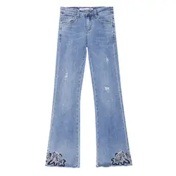 CTRLCITY вышивка китайский стиль расклешенные джинсы для женщин Высокая талия стрейч узкие джинсы Винтаж кисточкой брюки для девоче