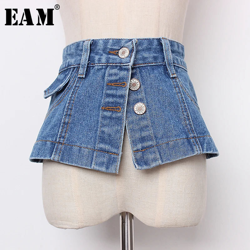 

[EAM] 2019 New Spring Summer Denim Personality Split Joint Irreguar Button Wide Belt Women Fashion Tide All-match JR896