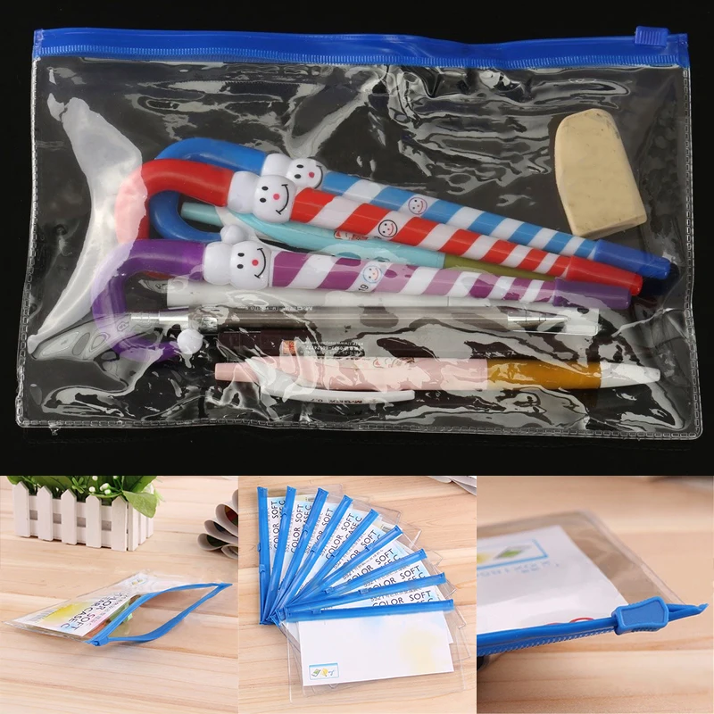 PVC Clear Plastic School Exam Stationery Case Pencil Pen Eraser Zipped Bag Pouch