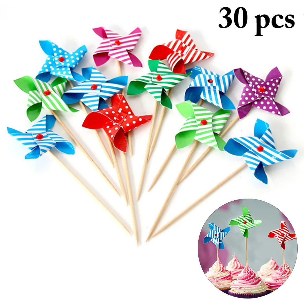 

30PCS Cake Topper Mini Birthday Party Series Windmill Toothpick Decorative Cupcake Cake Insert Flag For Birthday Party