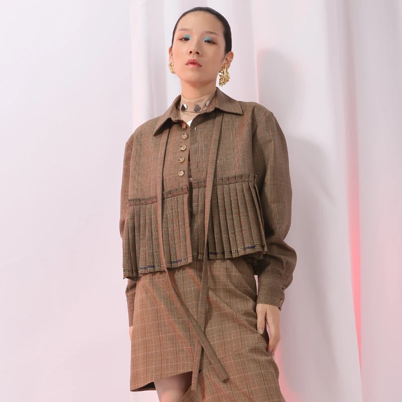 Printemps Longues Manches Mode Ample Femmes Plaid Camel Veste Nouveau De 2019 eam Plissée À Marée Arc Revers Chameau Point Manteau Bandage Ji331 qWXUETY