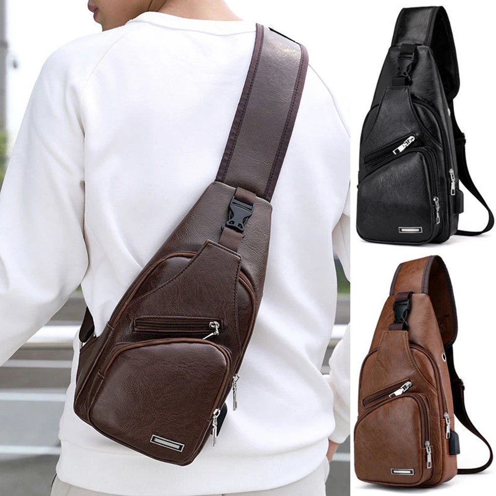 PU Leather Chest Bag Backpack Men Molle Crossbody Sling Shoulder Pack Messenger