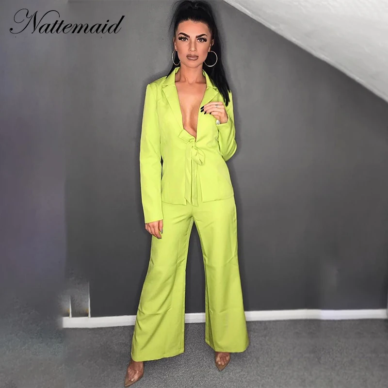 

NATTEMAID Formal 2 Piece Set Women Two Piece Set Top And Pants Elegant Turn Down Collar OL Pants Suits 2019 Sexy Two Piece Set