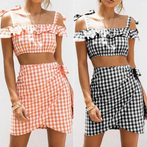 

Two Pieces 2019 Summer Women Sexy Lace Up Off Shoulder Crop Top Short Skirt Set Outfit Plaid Dress