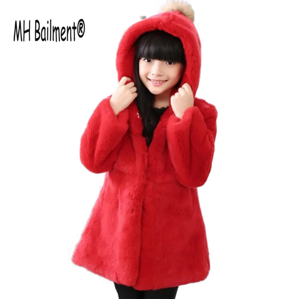

New Girl Real Rabbit Fur Coat Winter Warm Long Thick Clothing Hooded Jacket Rabbit Long Sleeve Children Solid Jacket C#34