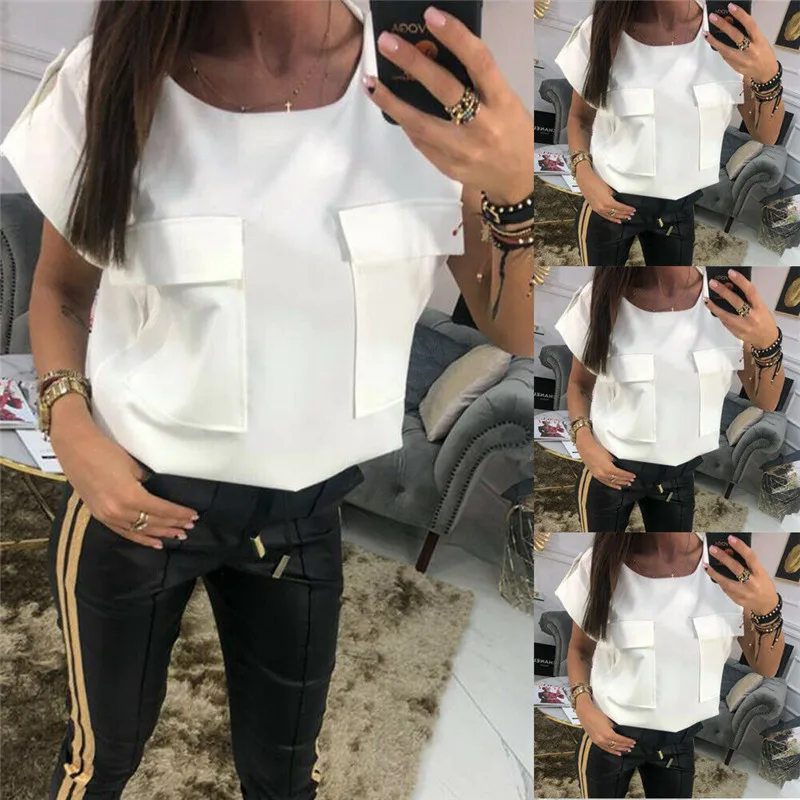 

Fashion Women's Casual Chiffon Short Sleeve Blouse Summer Lot Solid Two Pockets
