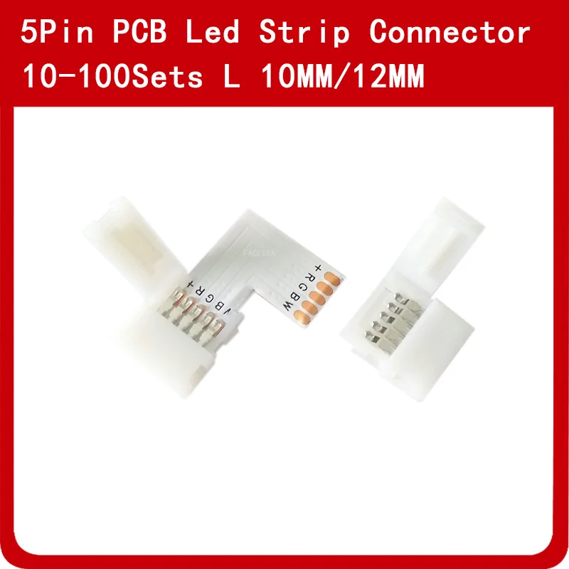 

10 ~ 100Sets/lot 5pin LED Strip Connector L Shape Corner Splitter 10mm 12mm Solderless with Clips for 5050 RGBW / RGBWW LED Tape