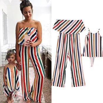 

Fashion Summer Mother and Daughter Family Matching Clothes Stripes Mom Strapless Jumpsuit Girls Sundress
