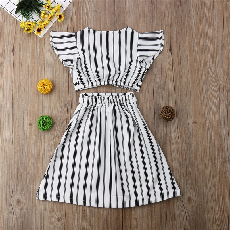 A-lined Skirt Outfit Sets Summer Striped Kids Baby Girls Party Dress Crop Tops